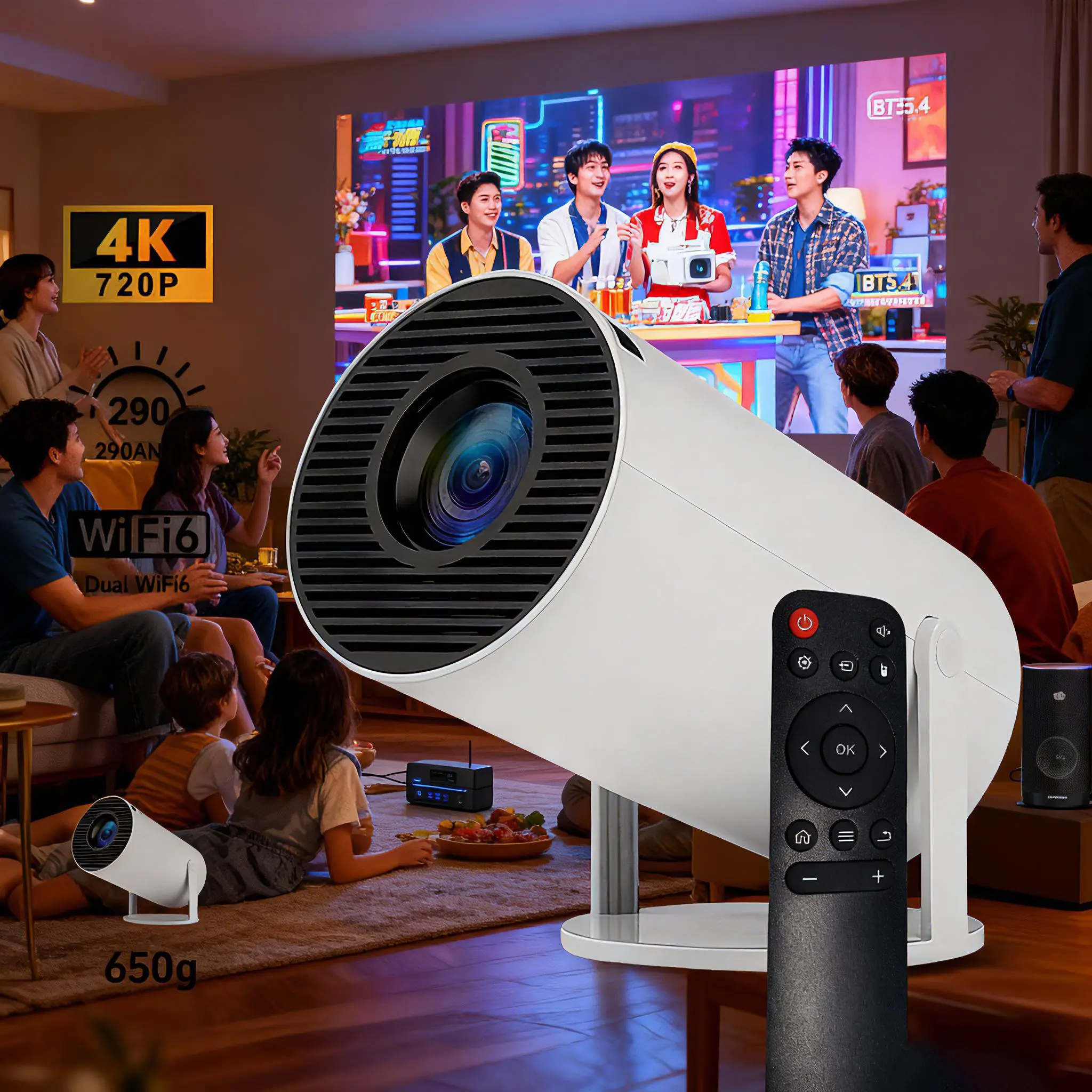 Portable Mini Home Cinema Projector, 720P Smart Android OS, WiFi6, BT5.4, 290 Lumens, Full HD LED Display, Auto Keystone Correction, 180° Rotatable Tabletop, 130" Screen, Built-in Audio Speaker, Remote Control, Projector for Bedroom & Outdoor Movie Use