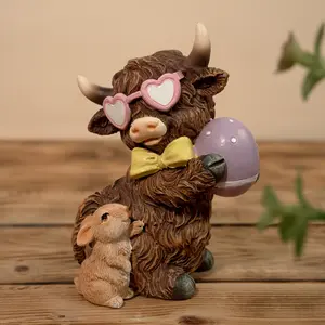 Highland Cow Rabbit Easter Egg Sculpture - Easter Decoration, Outdoor Decorative Ornament, Holiday Decoration, Exterior Decorative Statues