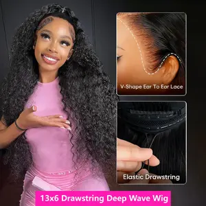 [Drawstring Wigs]13x6 Drawstring Wigs Human Hair Deep Wave Wigs Brazilian Wave 13x4 Curly Wigs Human Hair For Women PrePlucked 180% Density Nature Black Color Vacation Hair