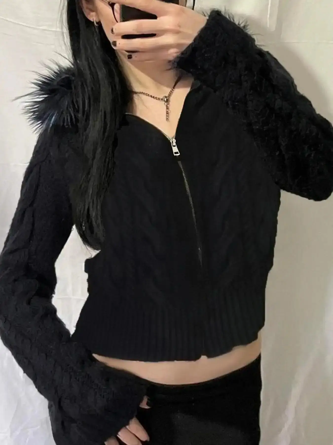 Women's Y2K Dark Gothic Sweater Coat, Fleece Lined Zipper Long Sleeve Knitwear, Vintage Retro Style Fall Winter Fashion Outerwear cold weather day to night minimalist contemporary