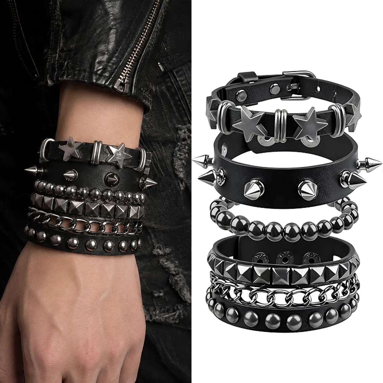 4 PCS Punk Rock Studded Bracelet Set for Men Women, Adjustable Faux Leather Spiked Bracelets, Goth Accessories, Gothic Star & Round Rivet Cuff Wristbands, Rocker Jewelry Gifts Set