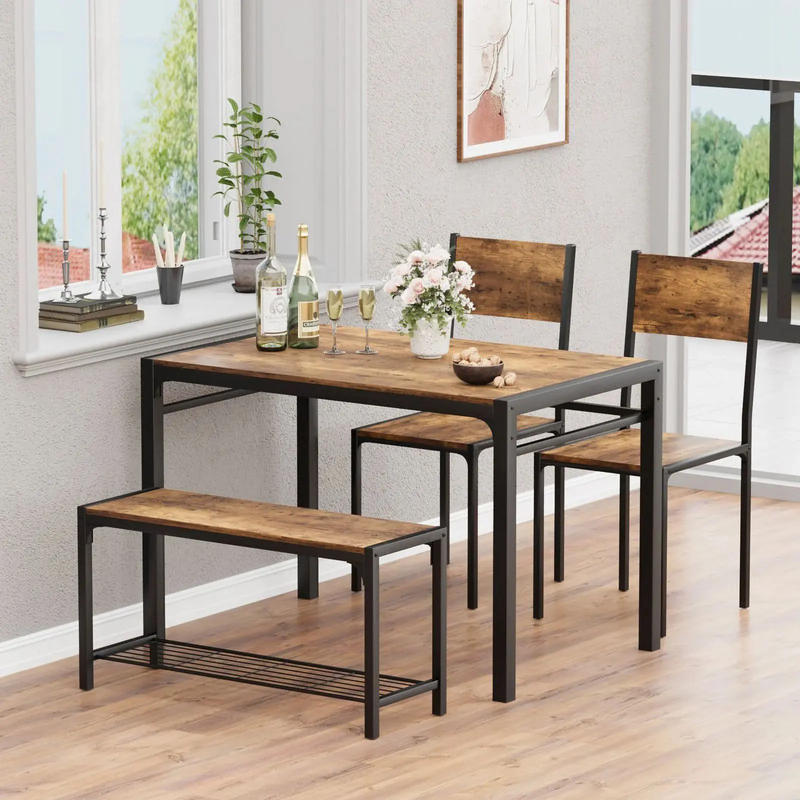 Furmax Modern 4-Seat Dining Set with Table, Dining Chairs & Bench - Waterproof Wood-Metal Frame, Storage Shelf, Apartment Furniture for Indoor Kitchen/Living Room Use