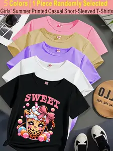 Girls Summer Fashion Pearl Milk Tea Print Comfortable Versatile Short Sleeve T-Shirt, Casual Loose-Fitting Clothing Gift