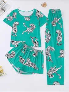 Women's Tiger Print Sleepwear Loungewear Set, Short Sleeve Round Neck Top, Loose Elastic Shorts & Pants, Casual All-Season Home Wear