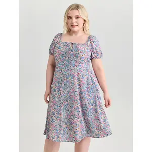BLOOMCHIC Women's Plus Size Casual Floral Cinched-Waist Midi Dress - Short Sleeve, Multicolor Smooth Fabric, Flattering Fit Lady Garment - [M-6X] 2026 Summer Vibes Swimweek