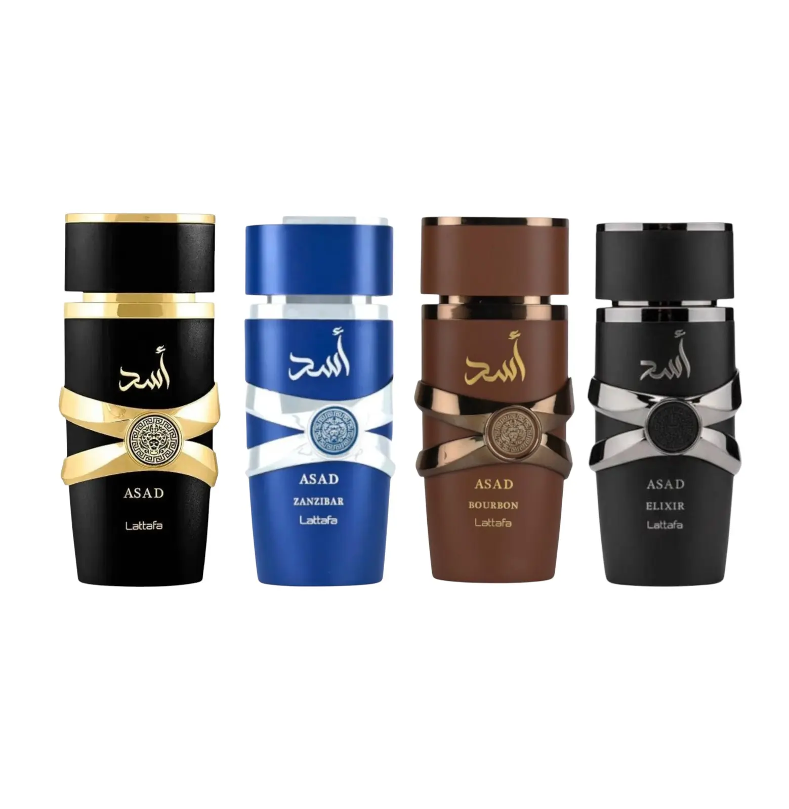 (4pc Bundle Pack) Asad, Asad Bourbon, Asad Zanzibar + Asad Elixir by Lattafa EDP Spray, 3.4oz