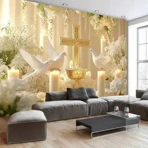 Elegant Religious Photography Backdrop, Dove, Gold Cross, Candle Pattern, Polyester, Wedding Arched Backdrop, Baptism, Easter Party Decor, Wedding Party Decorations