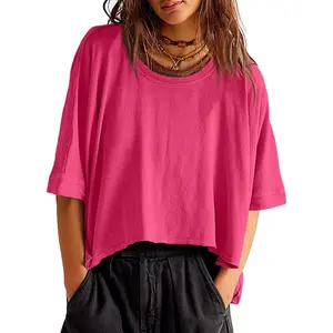 Lannew Womens Oversized T-Shirts Cropped Summer Casual Short Sleeve Loose Fit Tee Tops