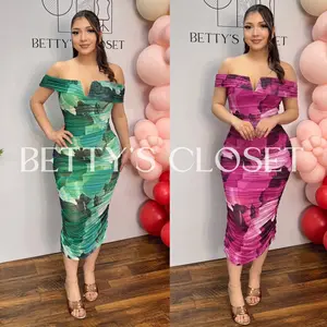 Cecilia Off Shoulder Ruched Leaf Print Dress