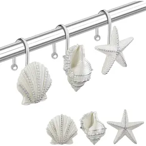 P-SO029  Shower Curtain Hooks Rings,12PCS Pearl Shine Seashell Shower Rings, Anti Rust Decorative Shower Hooks for Beach Bathroom, Baby Room, Bedroom, Living Room Décor Stainless Steel