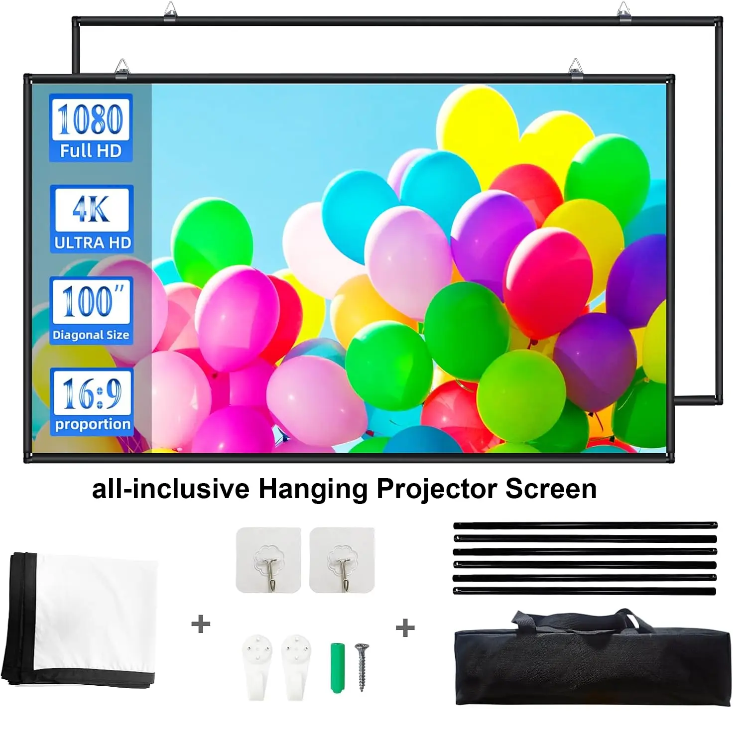 Portable projection screen 120-72 inches, metal pole frame wall mounted projection screen, foldable 4K high-definition wall mounted screen, no need for drilling, suitable for home theater/company meetings/educational training projection screens