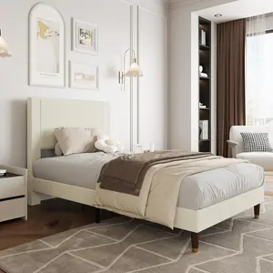 Gaomon Beige Twin Size Corduroy Wrap Upholstered Storage Platform Bed with Wing Side Headboard, Heavy-Duty 800 lb Capacity, Wooden-Metal Slat Support, Non-Slip, Noise-Free, Easy Set-Up, Assembly Required, No Box Spring Needed