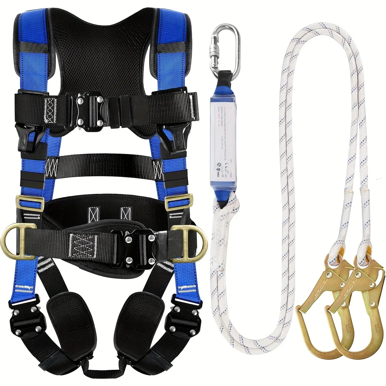 Safety Harness Fall Protection - Roofing Harness Kit Men Full Body Construction Harness with Lanyard for Work Upgrade 4 Quick Buckles