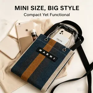Women's Striped Knit Mini Tote Bag - MARNI Style, Aluminum Handle, Casual Shopping Crossbody Bag for Men & Women
