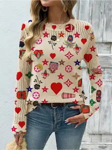 Women's Geometric Print Round Neck Fitted Sweater, Casual Long Sleeve Knitwear for Fall Winter, Comfortable Warm Daily Wear