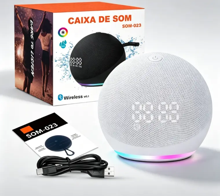 Portable Waterproof Wireless Bluetooth 5.1 Speaker with Digital LED Alarm Clock, RGB Color Changing Lights, Mini Round Shower Speaker for Bedroom, Bathroom, Camping, Travel, Home Party