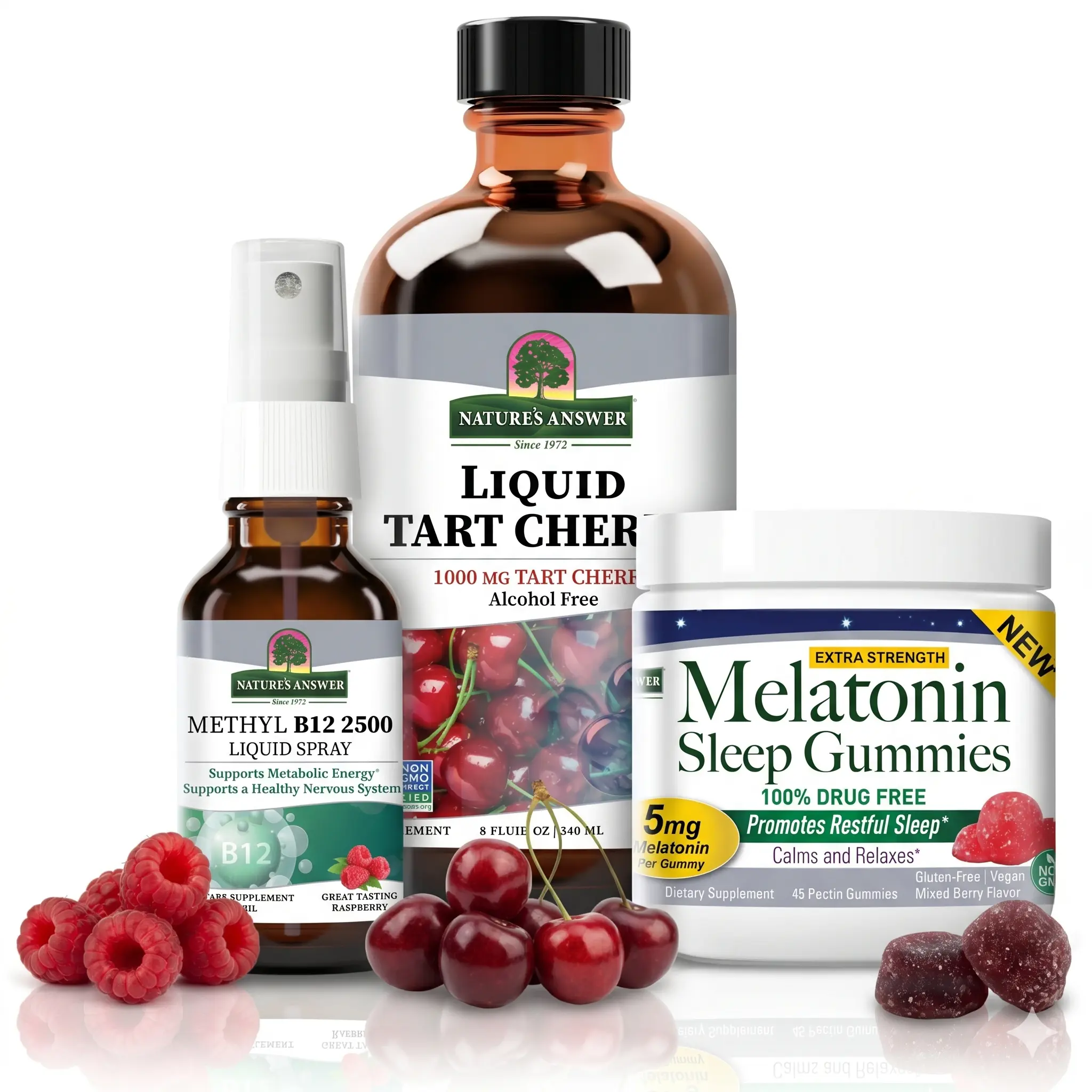 Nature's Answer Relax & Energy Dietary Natural Supplement Bundle - Mega Value - 2 oz Methyl B12 Spray, 8 oz Liquid Tart Cherry, 45-Count Melatonin Sleep Aid - Made in the USA