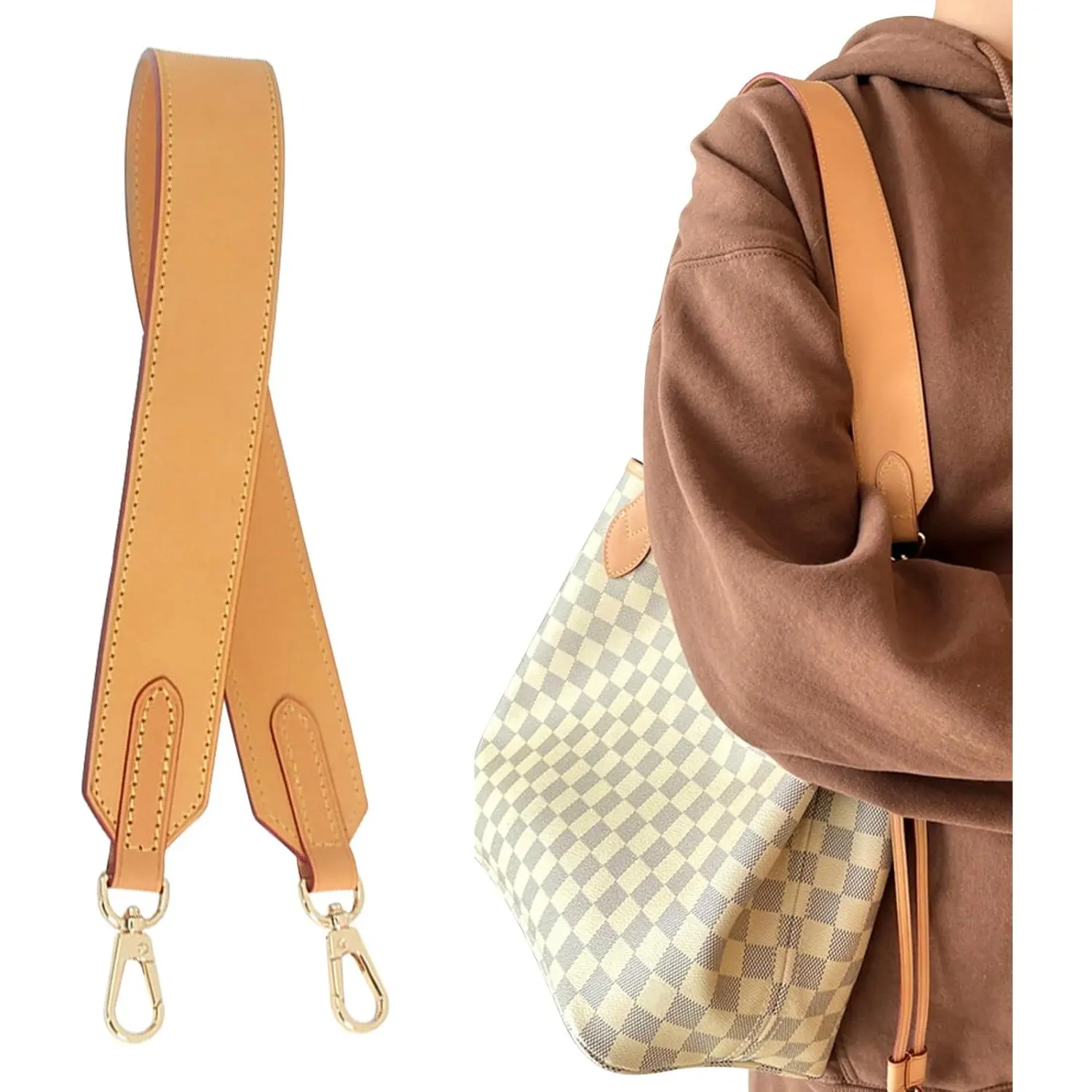Ankes Genuine Vachetta Leather Replacement Shoulder Straps, 26 In, Light Gold Buckle, Compatible With Neverfull Tote Bag, Replacement Straps, Purse Accessory