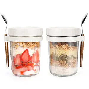 Overnight Oats Jars with Spoon and Lid 16 oz [2 Pack], Airtight Oatmeal Container with Measurement Marks, Mason Jars with Lid for Cereal On The Go Container