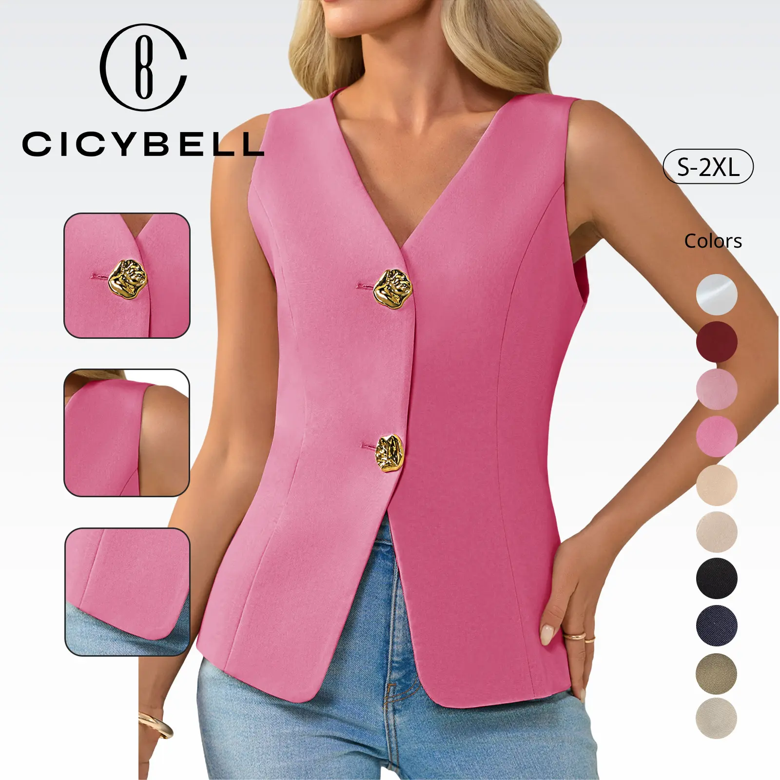 Cicy Bell Womens Summer V Neck Vest Tops Button up Sleeveless Casual Waistcoat Business Fitted Blazer vest Cicy Bell Womens Summer V Neck Vest Tops Button up Sleeveless Casual Waistcoat Business Fitted Blazer vest