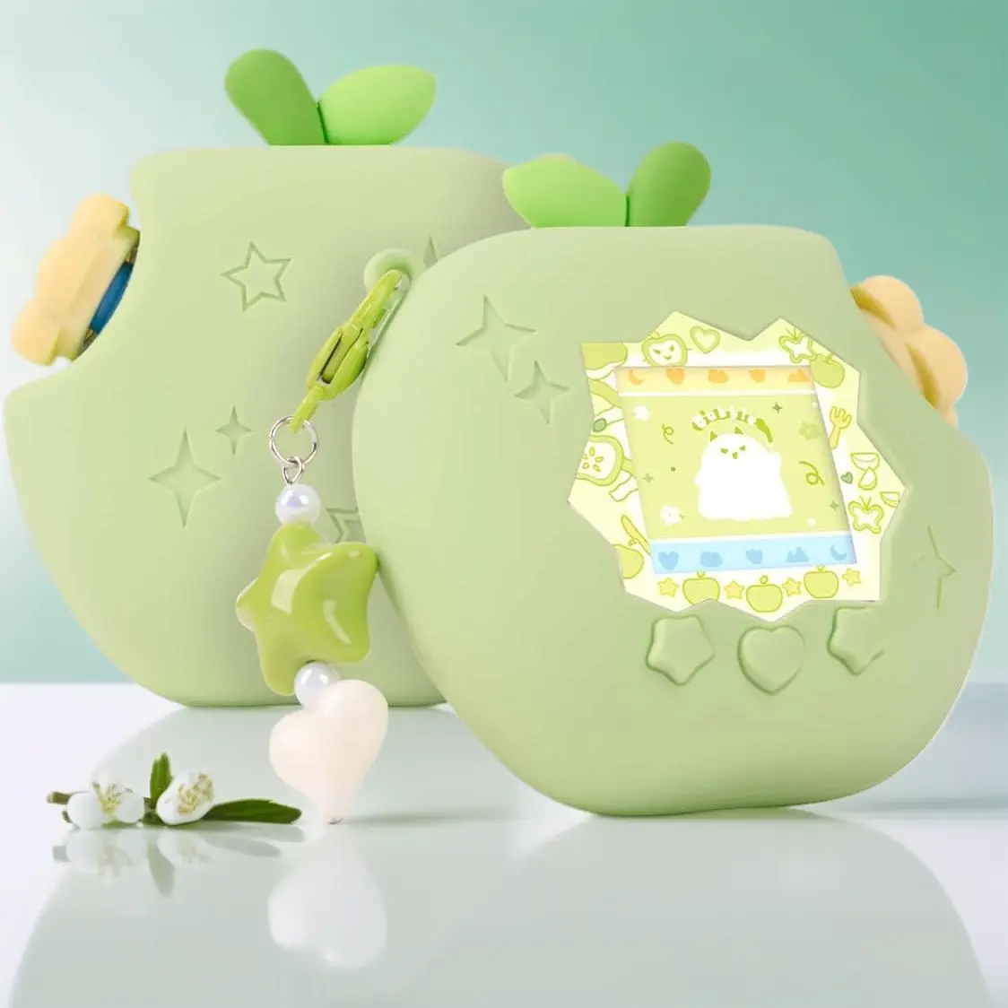 Green Shockproof Silicone Protective Cover Kit for Tamagotchi Paradise with Faceplate, Flower Dial Cap, Kawaii Charm Accessories – Protection Faceplate Set for Girls/Adults, Ideal Party Gift, Gifts