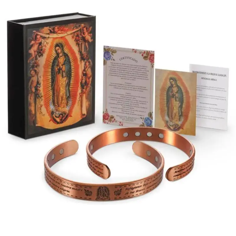 Nandudu Pure Copper Magnetic Bracelet & Ring Set - Adjustable, 12 Magnets, Guadalupe Engraving, for Men & Women Arthritis Relief