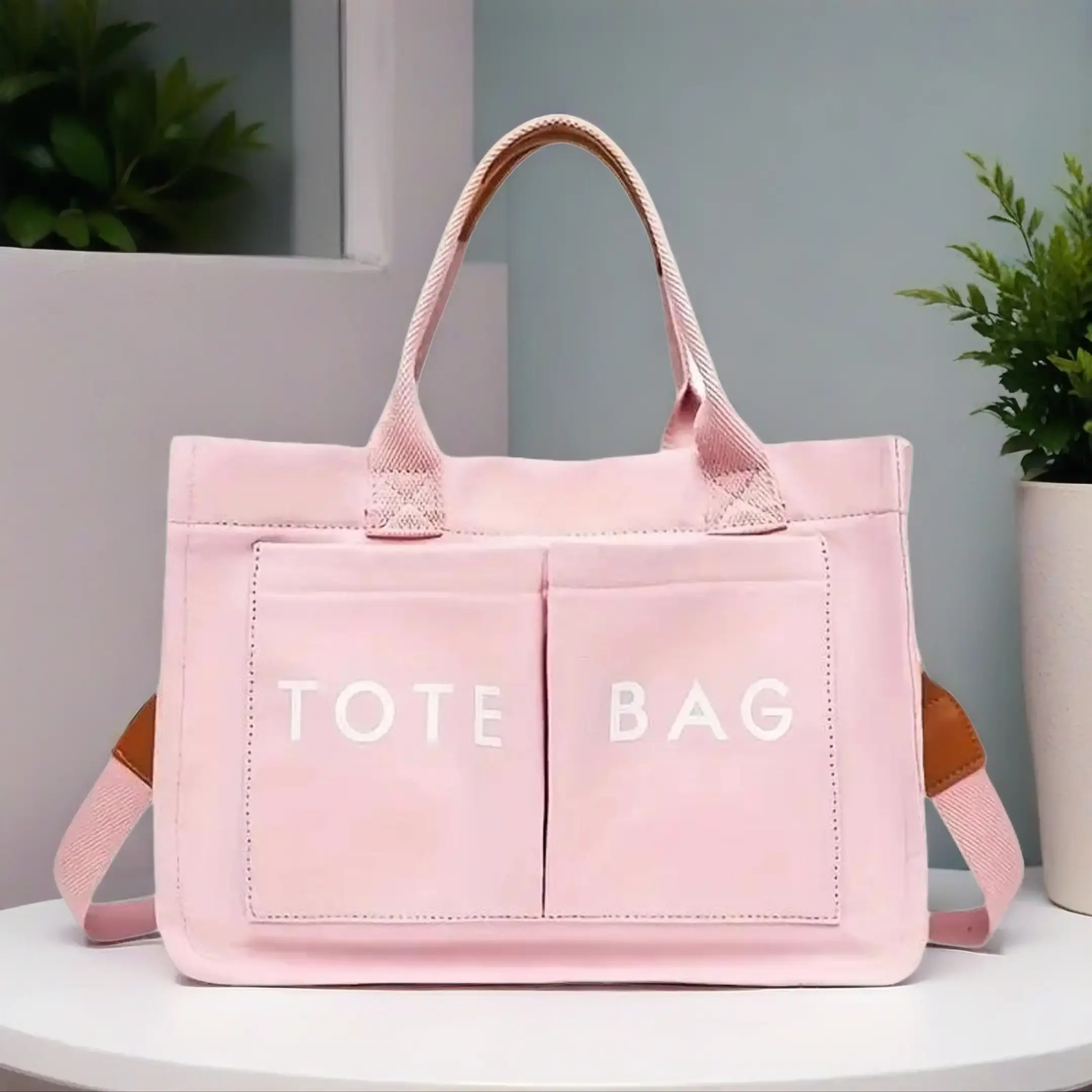Women's Korean Style Blush Pink Canvas Tote Bag - Casual Shopping Handbag with Interior Pocket, Detachable Crossbody Strap, Tote Bags Women, Suitable for Everyday Laptop Use