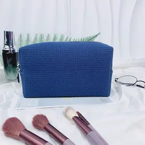 Striped Bubble Fabric Makeup Bag Portable Toiletry Storage for Travel and Business Trips Blue Waffle Texture