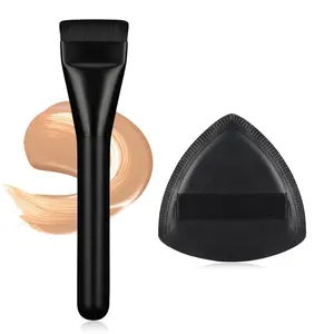 Flat Foundation Brush for Liquid Makeup with Powder Puff Fast Flawless Flat Top Kabuki Makeup Brushes Face Cosmetics Concealer Brush for Liquid, Blending, Powder, Cream, Blush, Buffing Black