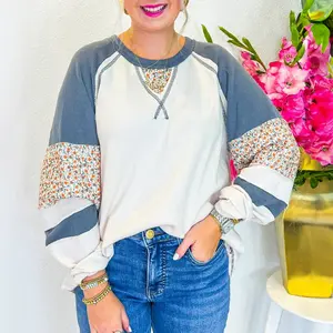 Women's Waffle Knit Shirt, Casual Long Sleeve Top with Floral Patchwork Raglan Sleeves for Everyday Wear, Knitwear, Shirts For Women