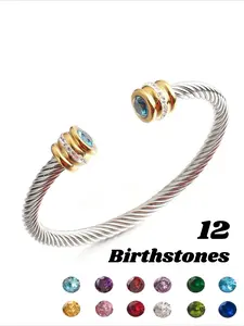 Unisex Casual Fashion Stainless Steel Birthstone Cuff Bracelet, Jewelry Bracelet, Zinc Alloy Chain, All Seasons Wear, Rhinestone Decor Bangles
