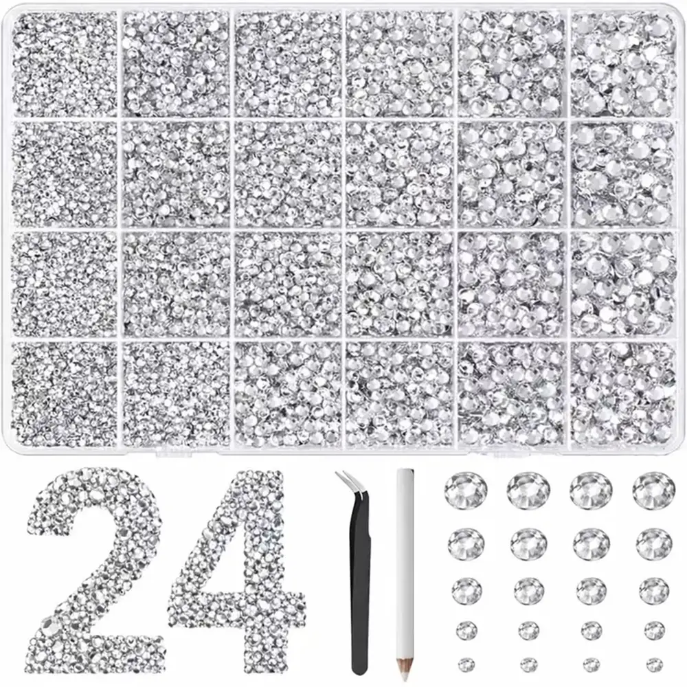 32000Pcs Resin Silver Clear Rhinestones with Tool Jewelry for Bedazzling Crafting, 2-6mm Flatback Gems, Bedazzler Kit for Crafts Clothing Tumblers Shoes Decor Nail Art