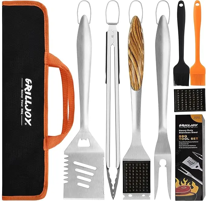 Grilljoy 8PCS Heavy Duty BBQ Utensil Set - Extra Thick Stainless Steel Spatula, Fork, Tongs, Brush, Portable Bag - Complete Barbecue Accessories Kit, Ideal Christmas, Father’s Day Gift Ideas for BBQ Grill Enthusiasts campingessentials