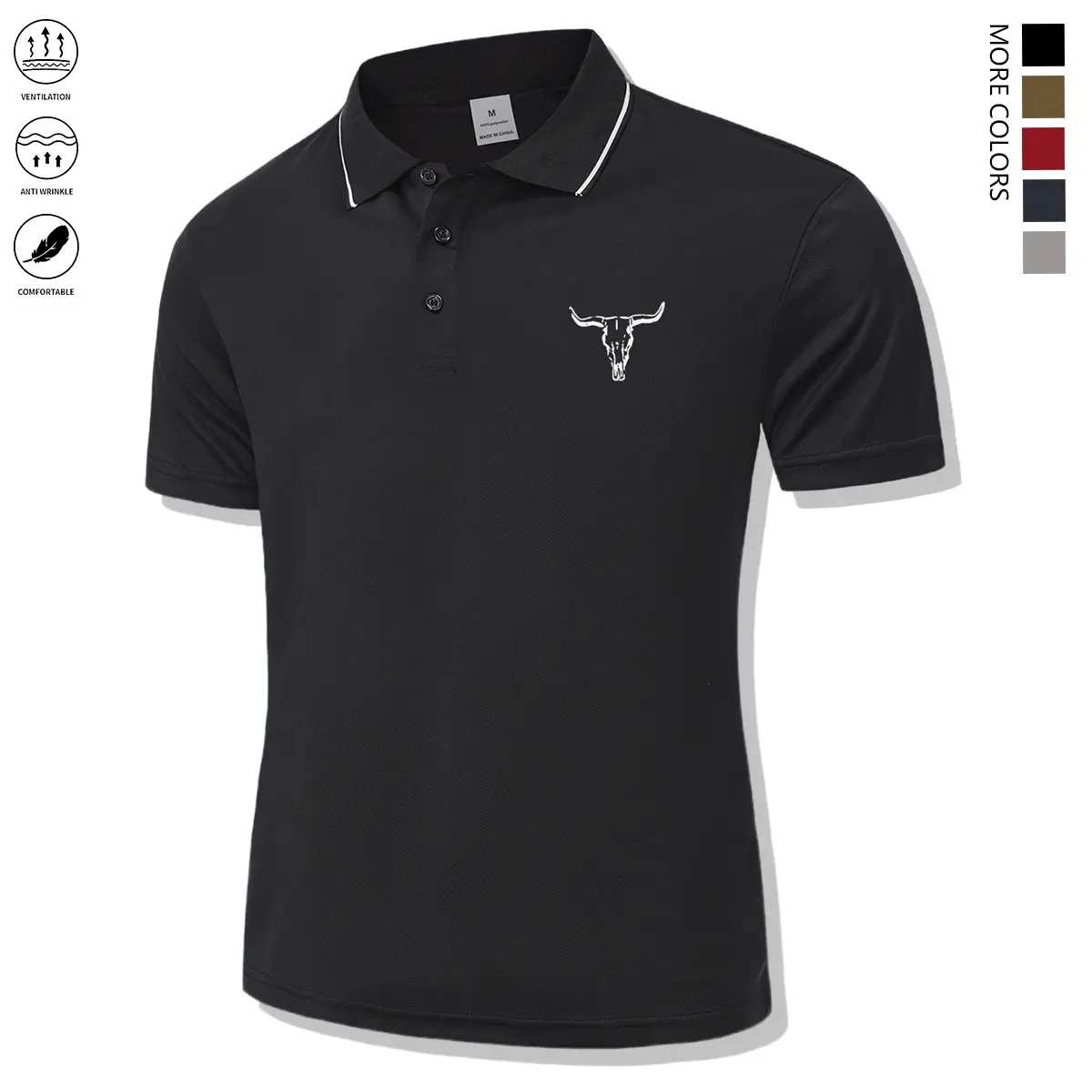 Men’s polo shirt with button front, bull print on the front, regular fit casual short sleeves—fashionable for everyday wear.