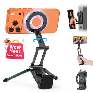 OMOTON Magnetic Phone Tripod Stand -TP02 Foldable Travel Mount with 360 Rotating Shaft Adjustable Ring Grip Selfie Stick Clamping Mount & Hook for Desk Airplane Luggage Outdoor Smartphone Cell Phone Holder