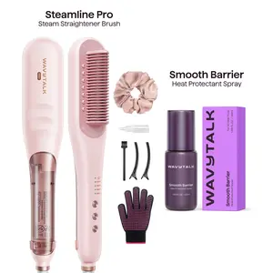 Wavytalk Steamline Pro Steam Hair Straightener Brush and Wavytalk Smooth Barrier Heat Protectant Spray Set
