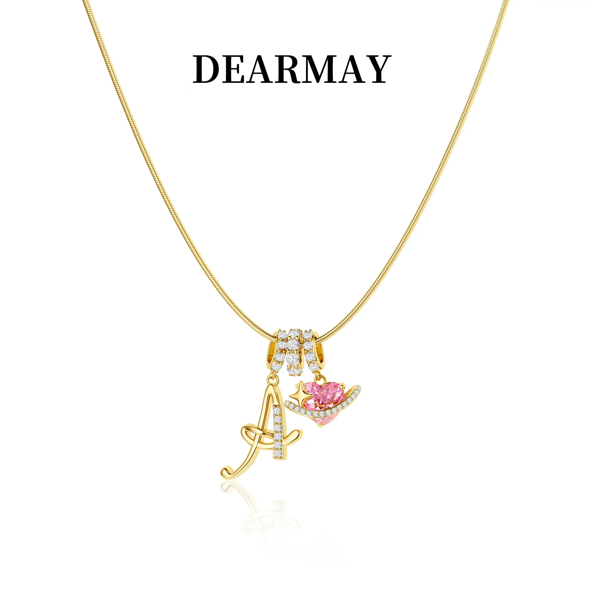 Dearmay Gold 3-Layering A-Z Initial Pendant Snake Chain Choker for Women, Adjustable Length with Pink Heart Zircon, Meaningful Gifts Initial & Heart Fashion Jewelry for Greenish Spring, Initial Necklaces