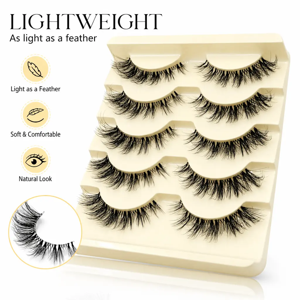 5-Pair Faux Mink 3D Fluffy Cat-Eye False Eyelashes - 9mm Lash Extensions, Eyelashes Extensions, Natural Curl, Eye-Tail Ext., Anime Manga Style, Daily Wear & Special Occasions Cosmetic Makeup Lash Accessories