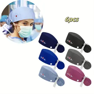 A Set of 6/2 Pcs Scrub Caps Women Nursing Hats with Buttons,Adjustable Bouffant Nurse Hats,Ponytail Holder Bouffant Turban Caps with Heart,Ideal for Nurses & Doctors,Halloween Christmas Party Gifts,Hand Tools Kits
