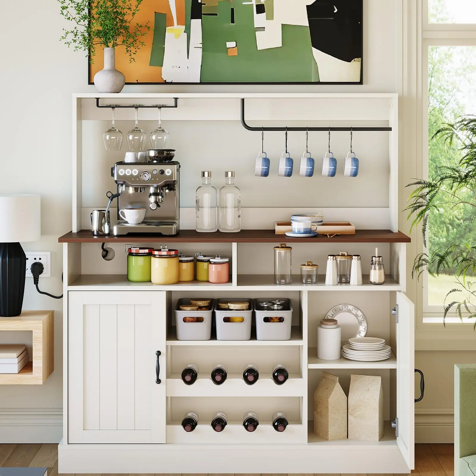 Garvee 47" Coffee Bar Cabinet with Storage Farmhouse Buffet Cabinet with Power Outlets/Wine & Glass Rack Wine Bar Sideboard Cabinet Large Buffet Sideboard Storage Shelf for Dining Room/Living Room, White