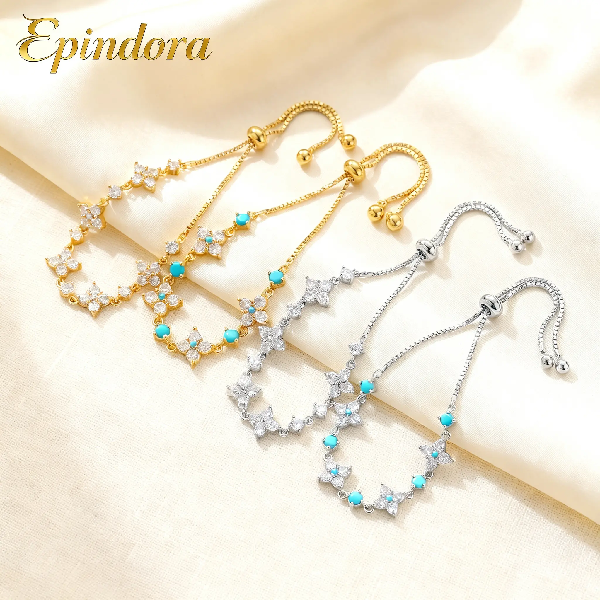 Epindora Gold-Tone Copper Base CZ Iris Floral Motif Retractable Adjustable Pull Chain Bracelet for Everyday Wear