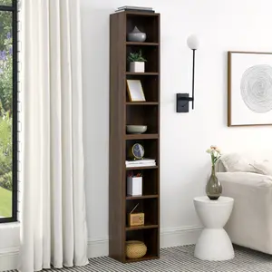 [Fahuac] 8-Tier Slim Media Tower Rack with Adjustable Shelves, Tall Narrow CD DVD Storage Cabinet, Multi-Functional Double Bookcase Display Shelf for Home Office