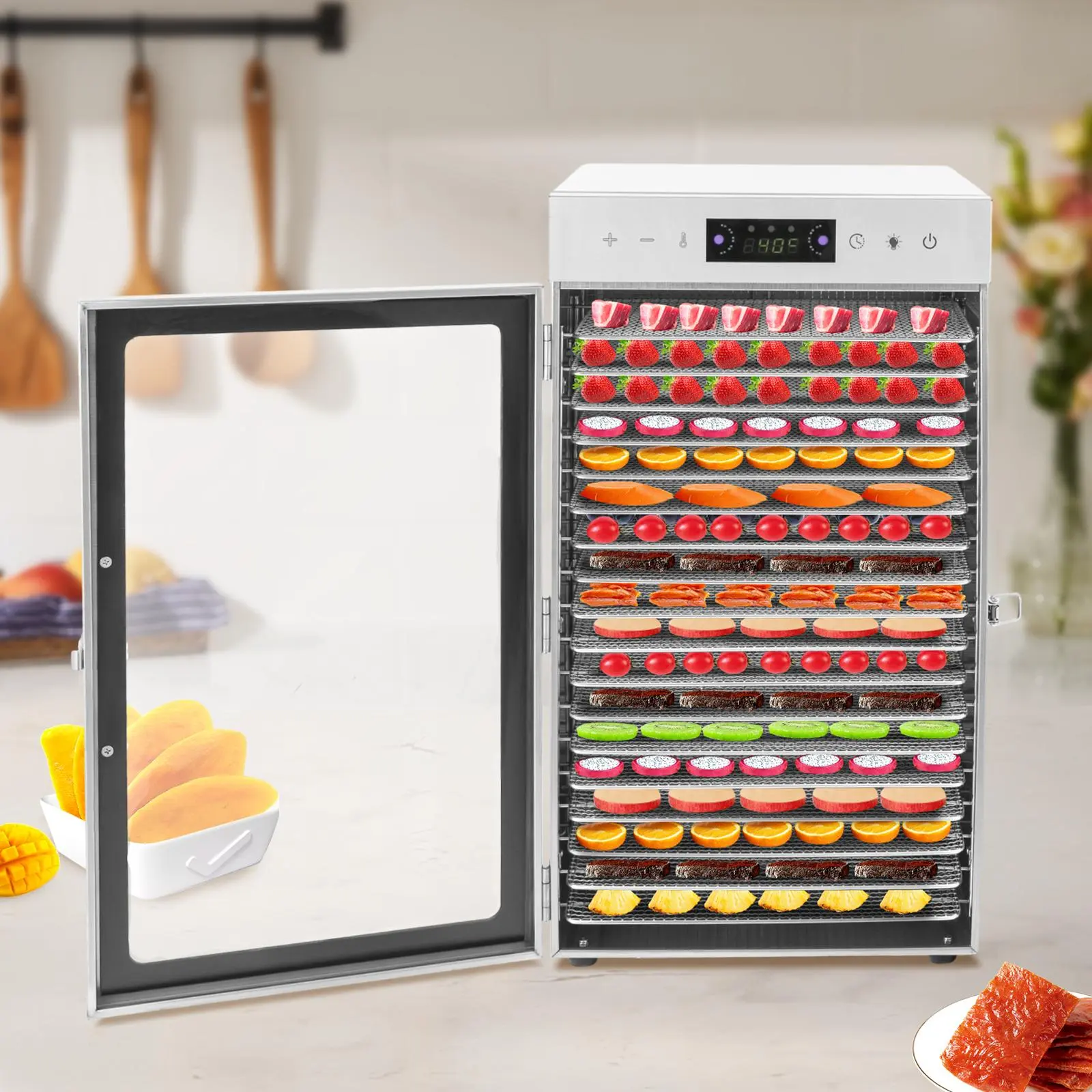 Modern Electric Food Dehydrator - 18 Stainless Steel Grids (18 Trays), Adjustable Temp 131-140℉, Timer, Lock Catch, 110V 800W Countertop Machine, Large Cap 10.8kg, LED, Handle, English Manual for Fruits, Bakery Use
