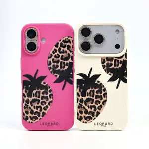 Leopard-Print Strawberry Pattern iPhone 17/16/15/14/13 Pro/Plus/Pro Max Phone Case. Shockproof and drop-resistant phone protector with adorable strawberry design, specifically crafted for women.