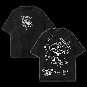 Night in the Woods Mae x Gregg Washed Unisex Graphic Tees, Casual Crewneck Short Sleeve Washed Tshirt 2 Sided Cotton unisex graphic tees gamer merch, Black Cotton Tee