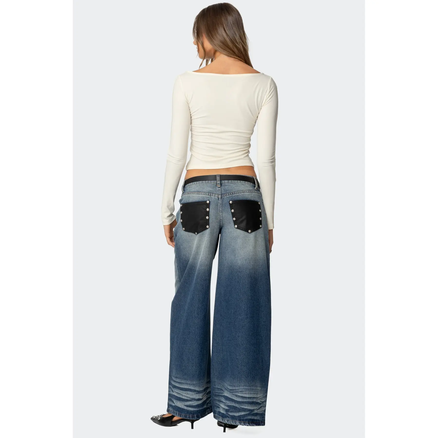 Faux Leather Pocket Low Rise Baggy Jeans