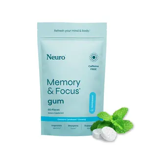 Neuro Memory & Focus Decaf Gum with American Ginseng (90 Pieces) - Sugar Free Nootropic Brain Supplements with L theanine, Ginseng, Vitamin B12 & Vitamin B6 - Peppermint Flavor
