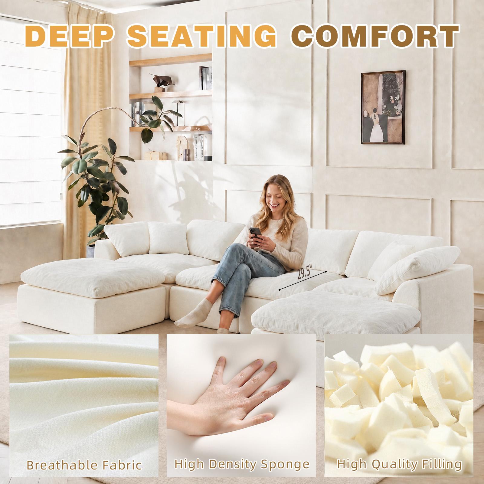 Cream White Cloud Modular Tofu Block Sectional Sofa, Free Reconfigurable Floor Couch for Playing Relaxing Movie Night Sleeping, Oversized U-Shaped Convertible Sleeper Sofa for Living Room Apartment