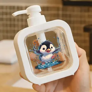 Creative Bathroom Dispenser with Hand Pump - Cartoon Penguin Splash Design, Cute White-Bellied Penguin in Dynamic Water Splashes on Black Background, Playful & Whimsical Artwork for Soap, Lotion