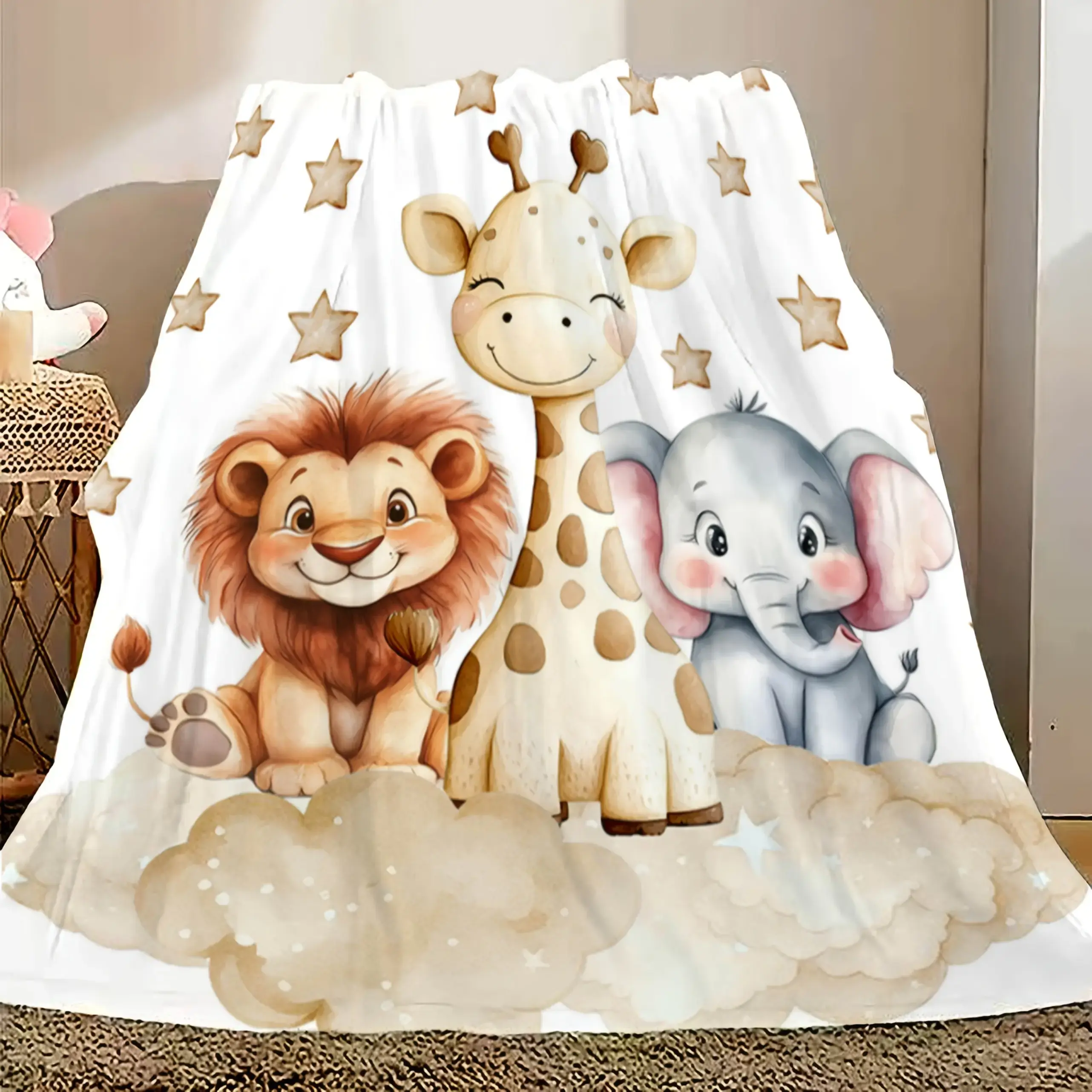 Safari Animal Flannel Blanket Cute Lion Giraffe Elephant Print Soft Cozy Throw Blanket Lightweight Plush Bedding Blanket For Baby Kids Bed Couch Sofa Nursery Room Jungle Theme Home Style